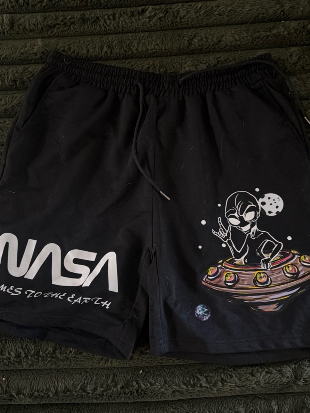NASA Black Men's Athletic Shorts with Alien UFO Graphic
